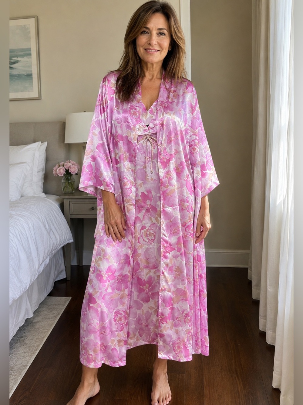 Jones  New York 2-Piece Pink Floral Satin Robe & Nightgown Sleep Set S/M